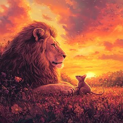 A captivating book cover illustration featuring a romantic scene between a Lion and a rat in a lush, verdant meadow. The lion, with agentle expression, gazes lovingly at the rat as they both lie down