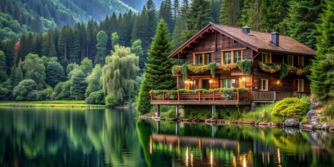 Fototapeta premium Serene lakeside scenery featuring a rustic brown house adorned with lush green garland on the balcony, surrounded by forest.
