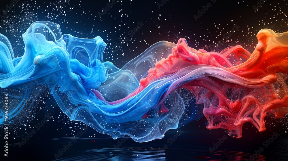 Poster colorful abstract swirling patterns of blue and red against a dark background in a dynamic display