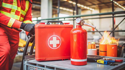 Safe workplace red First Aid Kit together with fire extinguisher are set ready in cases fire occurs with defocused construction worker conducting hot work oxy cutting steel plate structure background

