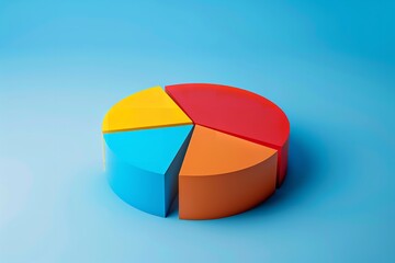 Obraz premium An illustration of a pie chart in three dimensions. There are four divisions that are separated by various colors. Orange, red, yellow, and blue are the colors, Generative AI.