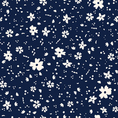 Cute little flowers with dots all over surface print. Random placed, vector botanical elements aop, seamless repeat pattern on dark blue background.