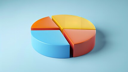 Obraz premium An illustration of a pie chart in three dimensions. There are four divisions that are separated by various colors. Orange, red, yellow, and blue are the colors, Generative AI.