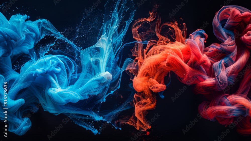 Poster colorful swirls of blue and red smoke create dynamic patterns in a dark background setting