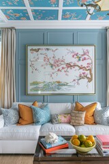 Interior of a bright living room with a sofa, armchairs, coffee table, and a wall painting in the chinoiserie style. Vertical