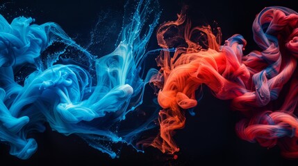 Colorful swirls of blue and red smoke create dynamic patterns in a dark background setting