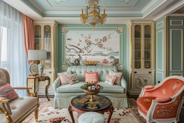 Fototapeta premium interior of a bright living room with a light sofa, painted walls, large windows in the chinoiserie style.