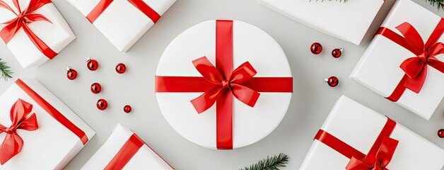 Obraz premium Elegant Christmas decorations with red gift boxes on a gray table