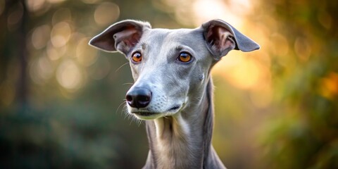 Majestic Spanish Greyhound dog with sleek grey coat, alert expression, and endearing eyes, set against a blurred natural background.