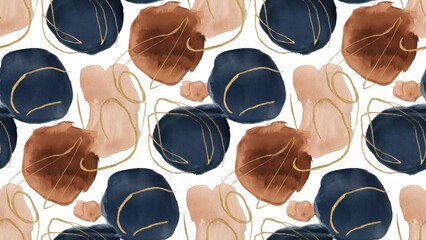 Abstract watercolor stains and shapes create a multicolored background Handdrawn fluid spots in navy blue and brown with seamless patterns of gold lines Watercolor texture suitable
