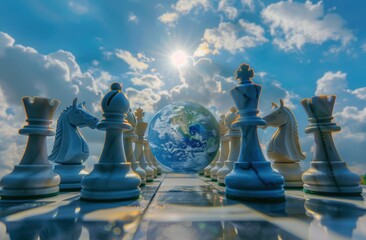 Planet Earth sits on a chessboard against the sky. Chess pieces are placed in front of the Earth. Concept. Earth is not a subject of chess games. No war