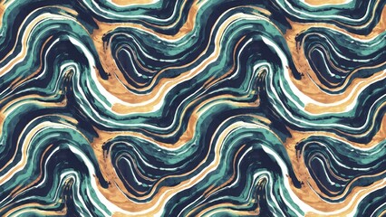 Fototapeta premium Abstract watercolor tiedye marble liquid wavy curves with brush strokes stripes seamless pattern batik background