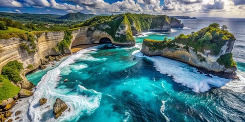 Dramatic aerial view of turquoise waves crashing against the shore of a secluded tropical beach with limestone cliffs, Nusa Penida, Indonesia.