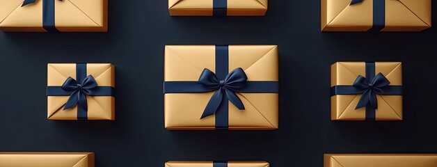 Elegant arrangement of golden gift boxes with blue ribbons against a dark navy background in a minimalistic style