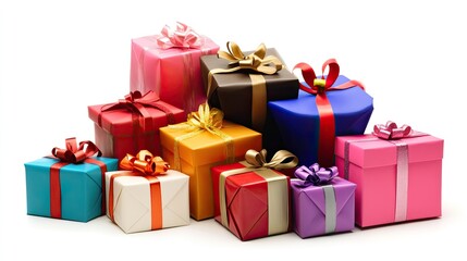 Obraz premium A vibrant collection of colorful gift boxes stacked together on a white background