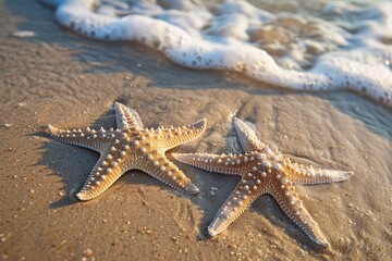 Beach with starfish, motif of summer vacation, Generative AI.