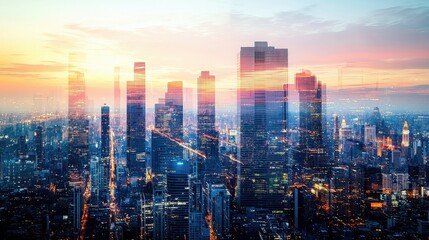 Fototapeta premium Stunning city skyline at sunset, showcasing modern architecture and vibrant colors that illuminate the urban landscape.