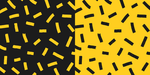Set of two hand drawn square patterns, chaotic textured scratches on black and yellow background. Pencil textured strokes and dots, rain, vector sketch.