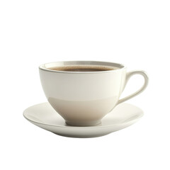Fototapeta premium A white coffee cup with a white saucer sits on a white background. Concept of calm and relaxation
