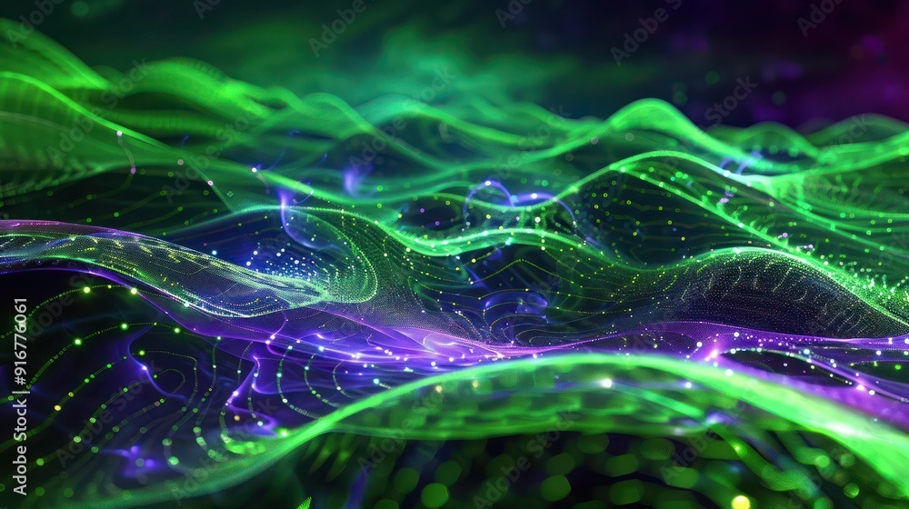 Poster 3d abstract scene where quantum patterns shimmer in hues of ethereal green and celestial purple