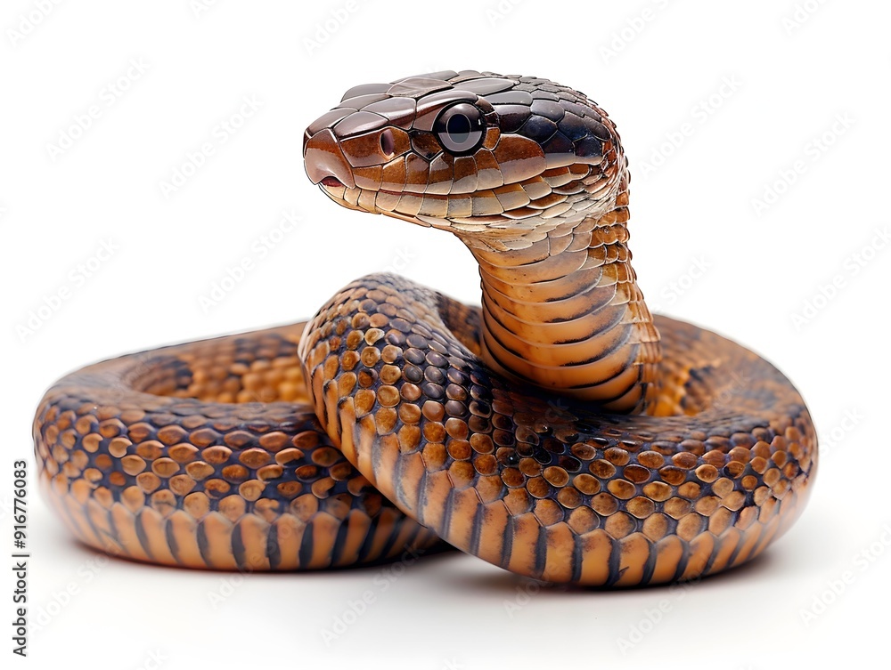 Poster brown snakes resting on a white background with detailed scales captured in a close-up view