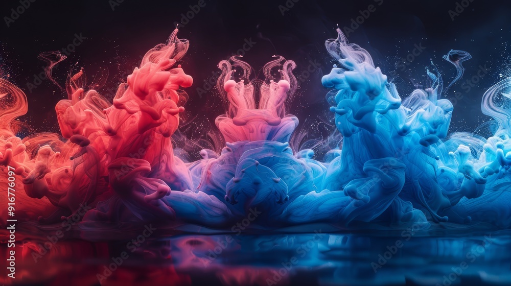 Poster colorful abstract smoke swirls creating a vibrant visual display in a dark environment
