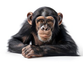 Naklejka premium A young chimpanzee resting with curiosity in a neutral setting