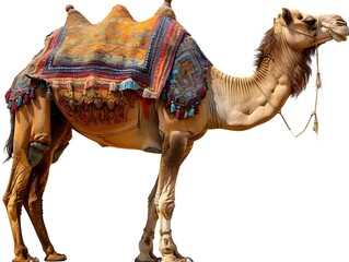 Camel adorned with colorful saddle blanket standing against a plain background