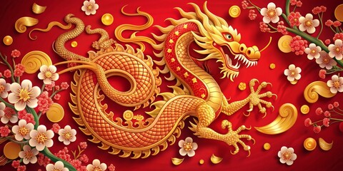 Fototapeta premium Vibrant red and gold decorative elements surround a majestic roaring dragon, symbolizing courage and strength, amidst blooming peach blossoms and lucky coins.