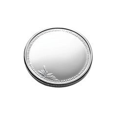 A silver coin with a tree on it. The coin is round and shiny. It is placed on a white background