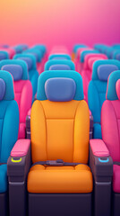 Obraz premium A row of colorful cinema seats features an orange seat surrounded by pink and blue ones, creating a lively environment for movie enthusiasts