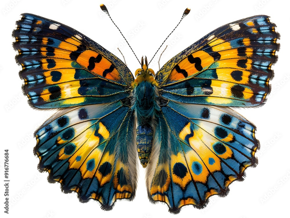 Poster vibrant butterfly showing intricate patterns in vivid colors against a white background