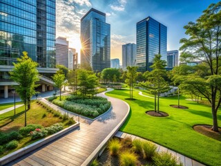 Naklejka premium Modern city park featuring sleek architectural elements, walking paths, and lush greenery, showcasing harmonious blend of form and function in urban landscape design.