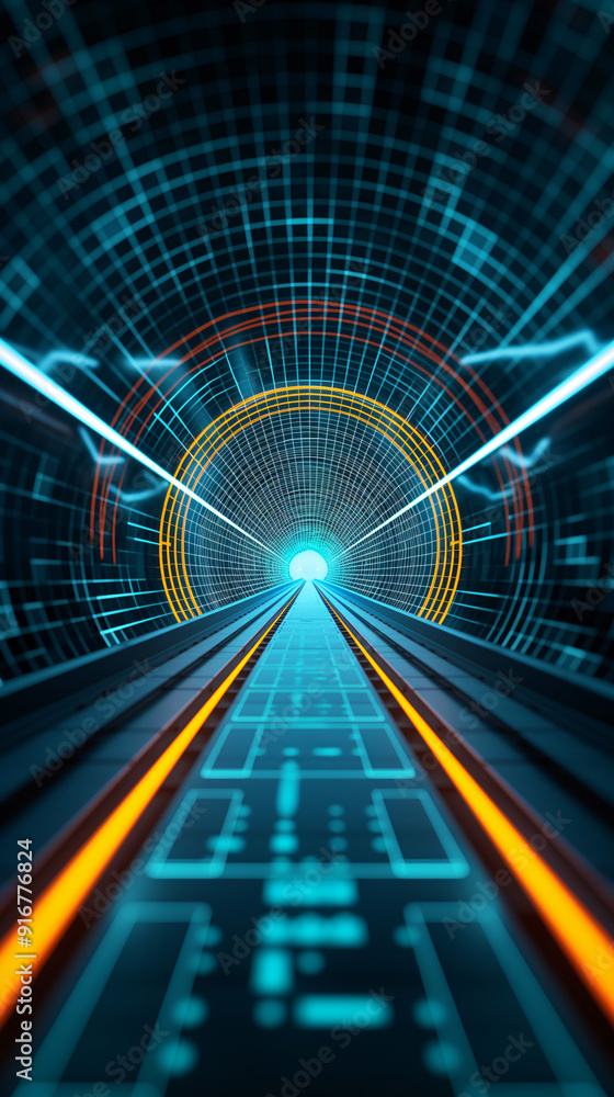 Poster a dynamic tunnel with illuminated lines and circular patterns leads to a bright light at the end, cr