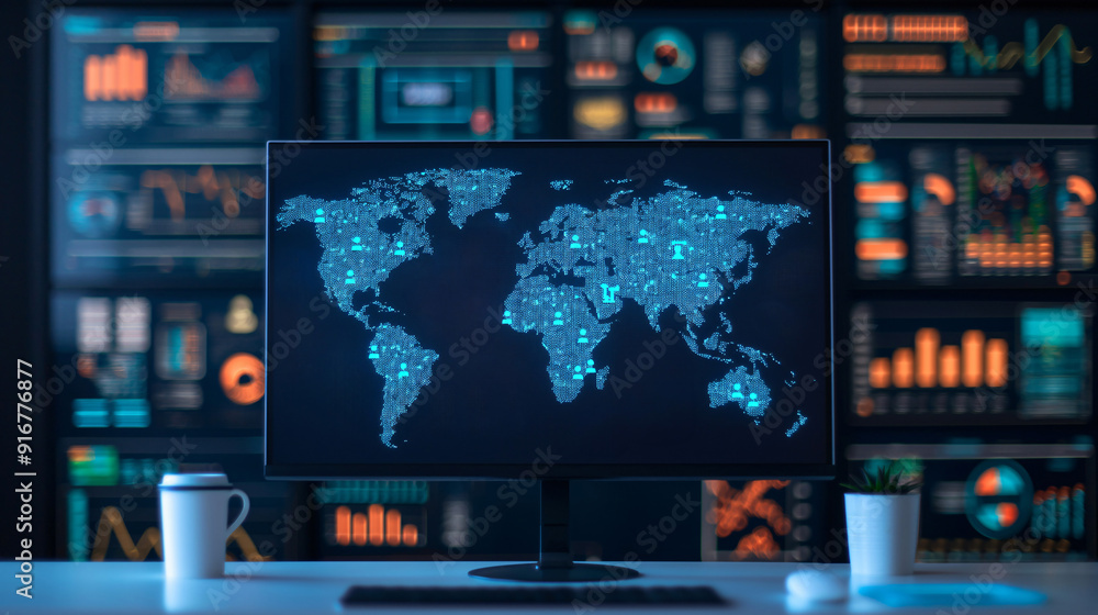 Poster a detailed digital world map is shown on a monitor alongside various data analytics charts in a brig