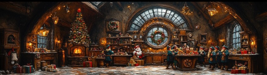 Design a whimsical Christmas background with a Santa workshop, bustling with elves preparing toys for delivery