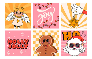 Groovy hippie Christmas cards. Retro Santa, smile, holly jolly vibes, deer, elf in trendy retro cartoon style. Comic 70s holiday cards. Cartoon funny characters and elements. Vector illustration