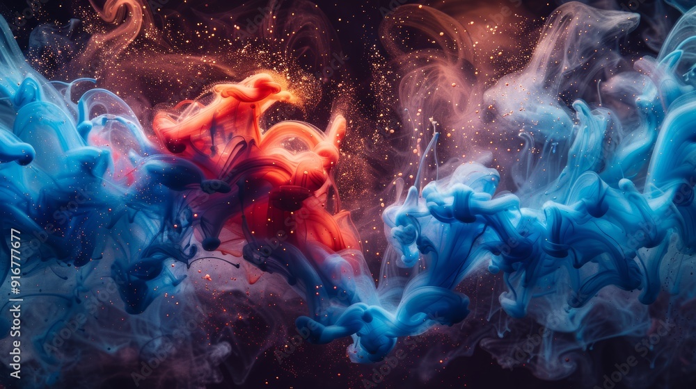 Poster vivid blue and red swirling colors create an abstract background in a dark setting