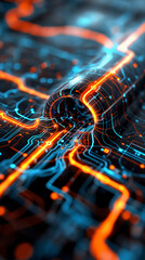 A visually striking depiction of abstract technology featuring vibrant, glowing circuit lines in blue and orange, forming intricate patterns