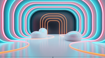 Obraz premium A spacious area showcasing sleek, rounded seating amid neon-lit arches, creating a visually striking and contemporary atmosphere