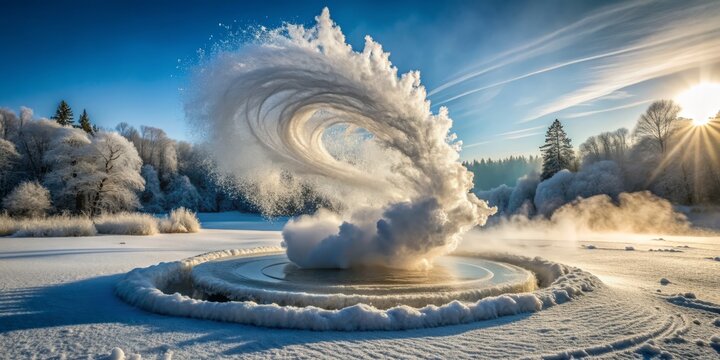 Frozen fragments catapulted in all directions, a turbulent burst of dry ice unleashes a whirling vortex of frosty mist, suspended in mid-air chaos.