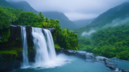 Fototapeta premium Bird s eye perspective of a rainy landscape with spray from cascading waterfalls and misty rivers, capturing the refreshing, natural scene 8K , high-resolution, ultra HD,up32K HD