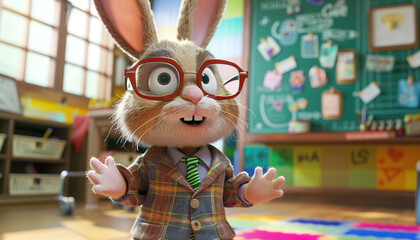 fun teacher Bunny cute suit large prescription glasses colorful classroom chalkboard drawing school kindergarten
