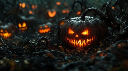 Creepy Halloween Landscape with Sinister Pumpkin Patch and Menacing Jack-o'-Lantern Faces