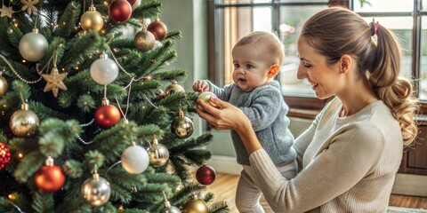 Mother and baby decorating Christmas tree with festive ornaments