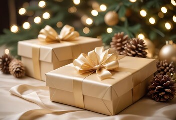 Obraz premium Christmas gifts wrapped in gold paper with satin bows are beautifully arranged among pine branches and cones. Ai generated 