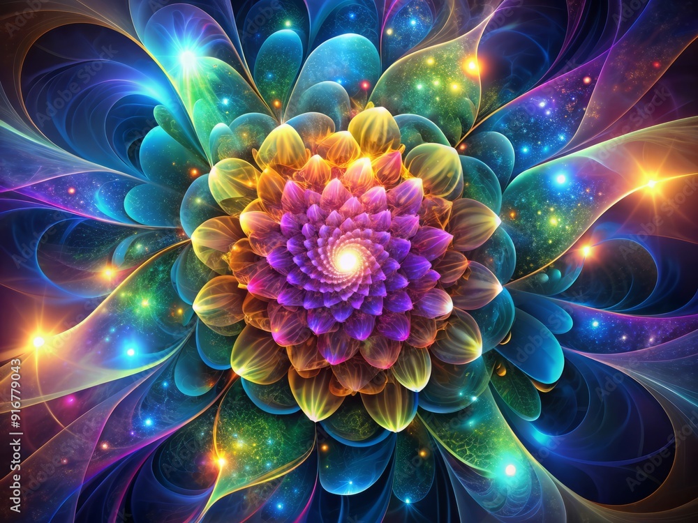 Poster vibrant abstract fractal background swirls with iridescent hues, surrounded by a mesmerizing spiral 