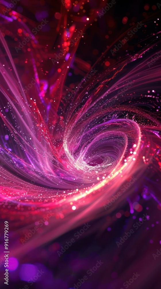 Poster a vibrant 3d abstract scene alive with swirling particle effects in bold crimson and deep purple, pu