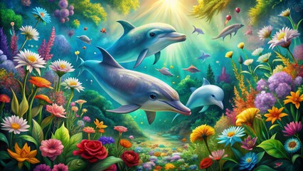 Obraz premium Whimsical printed illustration featuring adorable dolphins swimming amidst vibrant colorful flowers and lush greenery in a stylized underwater fantasy setting.