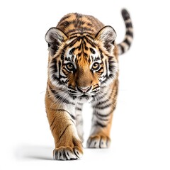 Fototapeta premium Bengal tiger walking towards prey on white background
